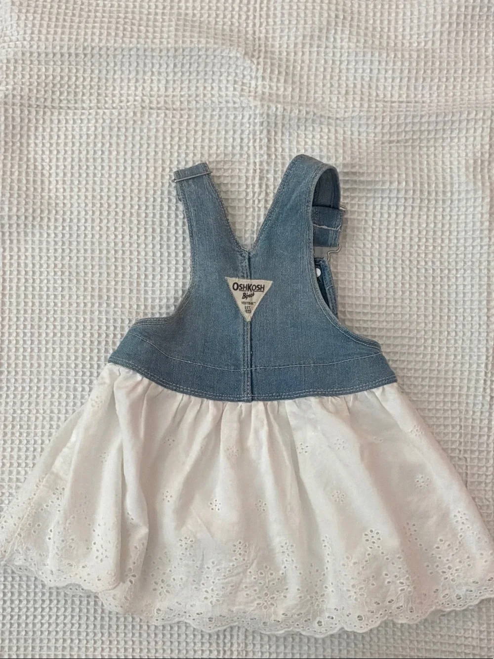 OshKosh B'gosh Light Blue Denim Overall Dress with White Eyelet Skirt
